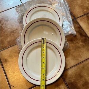 3 vintage Buffalo China  by Oneida Maroon Band Dinner Plates 9"D